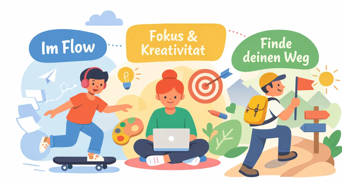 Illustration zeigt Flow erleben mit Fokus Kreativität und persönlichem Weg zur Steigerung von Konzentration und mentaler Leistung