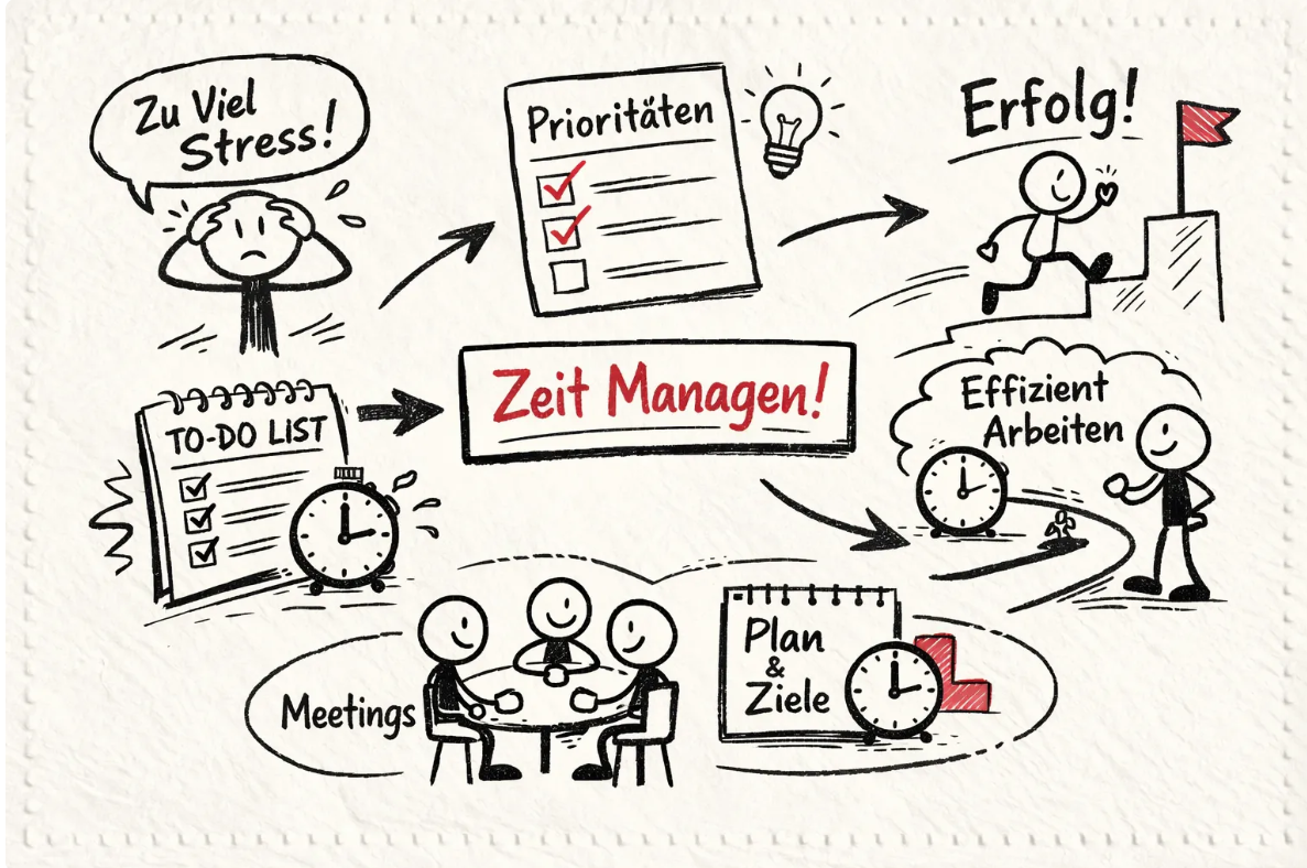 Die Illustration im Sketchnote-Stil zeigt den Weg von der Überlastung zur Effizienz. Auf der linken Seite ist eine gestresste Person zu sehen, die sich den Kopf hält. Verschiedene Pfeile führen über zentrale Zeitmanagement-Elemente wie eine Checkliste für Prioritäten, eine To-Do-Liste, eine Meeting-Runde und einen Plan für Ziele. Das Zentrum bildet der rote Schriftzug "Zeit Managen!". Auf der rechten Seite führt der Prozess zu einer lächelnden Person, die erfolgreich eine Treppe erklimmt, sowie dem Schlagwort "Effizient Arbeiten". Die Illustration im Sketchnote-Stil zeigt den Weg von der Überlastung zur Effizienz. Auf der linken Seite ist eine gestresste Person zu sehen, die sich den Kopf hält. Verschiedene Pfeile führen über zentrale Zeitmanagement-Elemente wie eine Checkliste für Prioritäten, eine To-Do-Liste, eine Meeting-Runde und einen Plan für Ziele. Das Zentrum bildet der rote Schriftzug "Zeit Managen!". Auf der rechten Seite führt der Prozess zu einer lächelnden Person, die erfolgreich eine Treppe erklimmt, sowie dem Schlagwort "Effizient Arbeiten".
