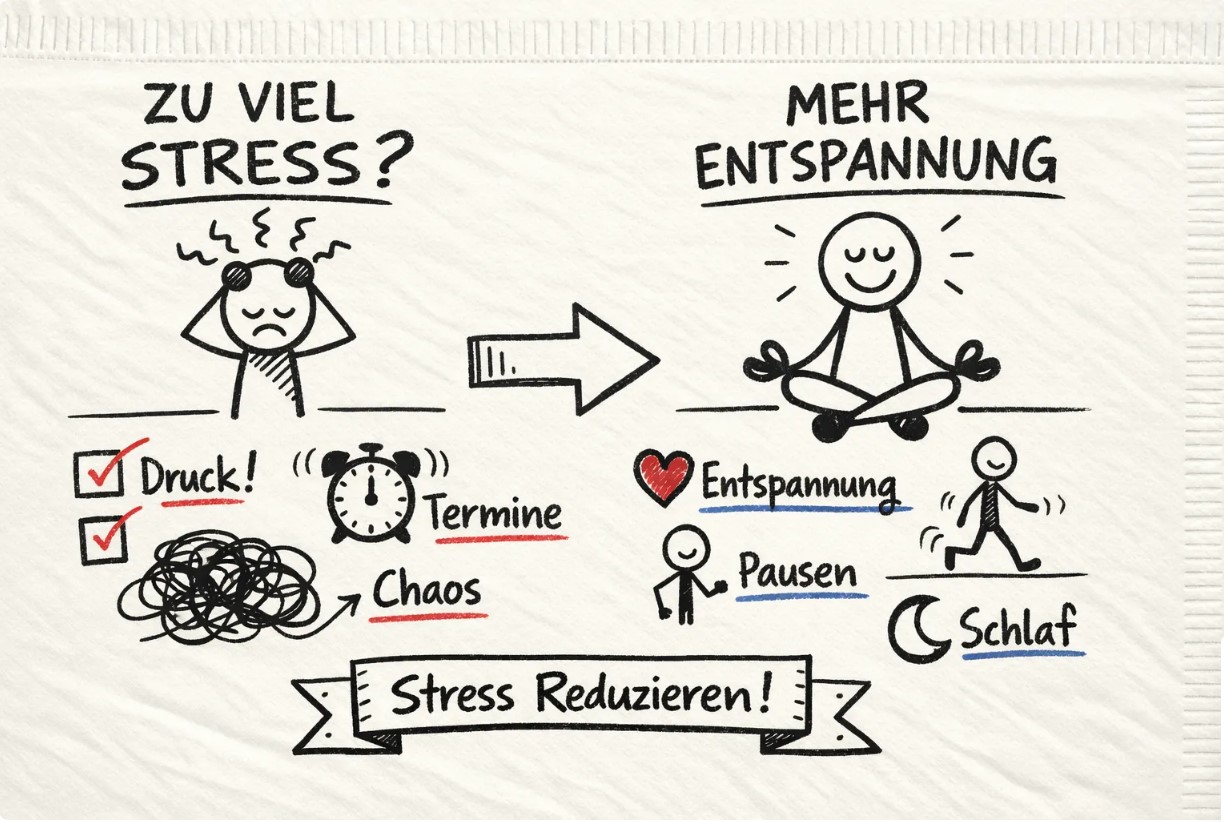 Infografik zum Thema Leistungsdruck reduzieren und Alltagsstress senken durch Entspannung, Bewegung, Pausen und gesunden Schlaf.