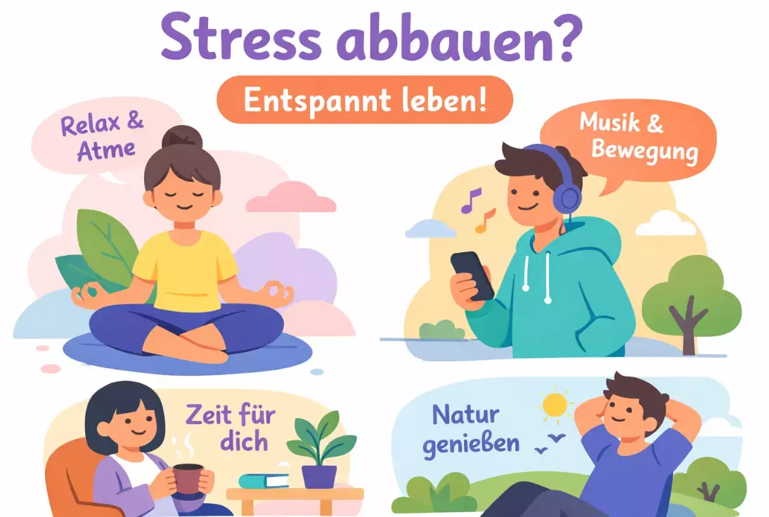 Illustration zeigt Methoden zum Stress abbauen mit Entspannung Atmung Bewegung Musik und Zeit für sich zur Reduktion von Leistungsdruck im Alltag